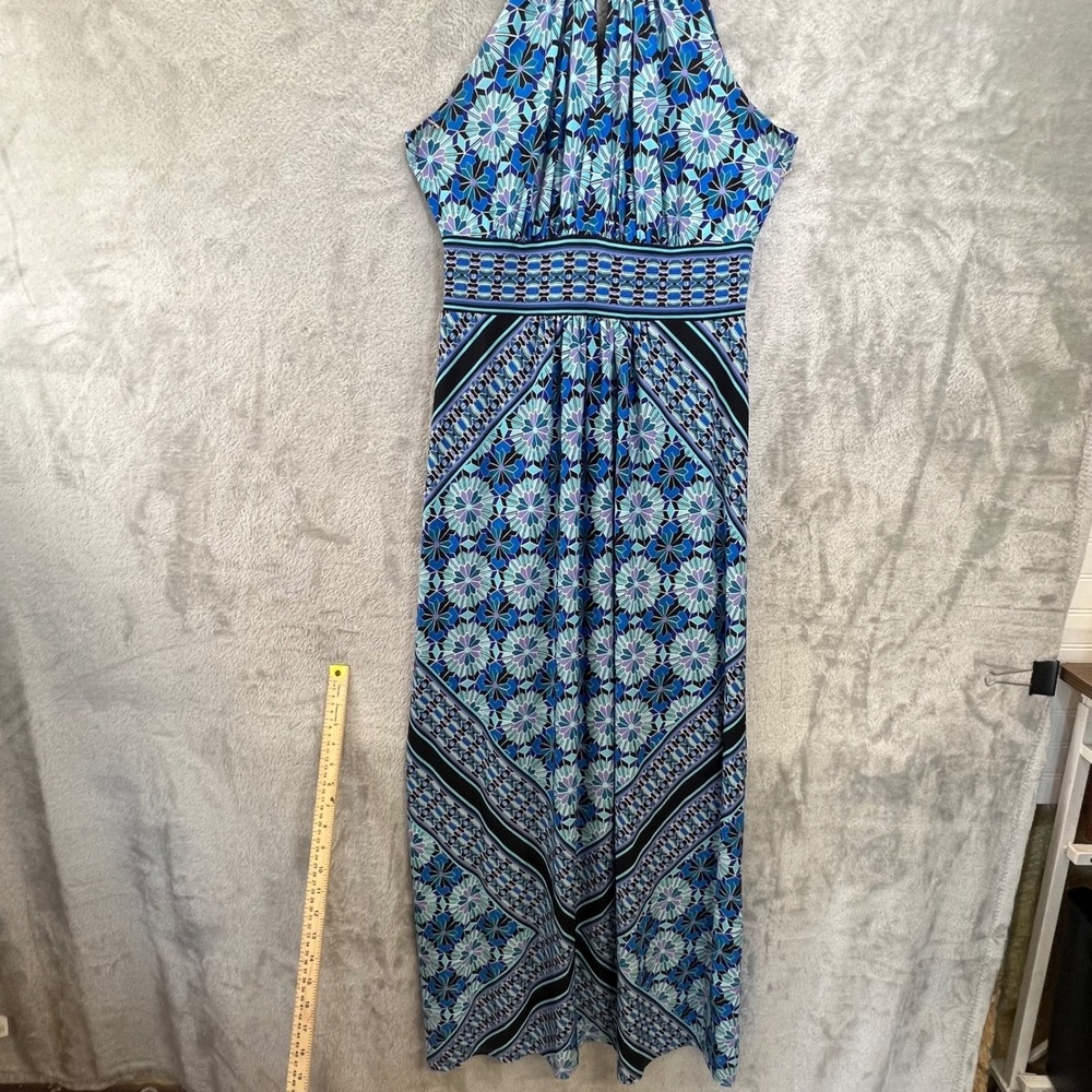 Blue Geometric Mosaic Keyhole Halter Maxi Dress Sleeveless Festival‎ Mod Boho